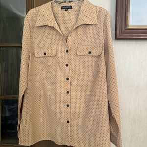 Notations Tan Button Down Shirt with Black Polka Dots